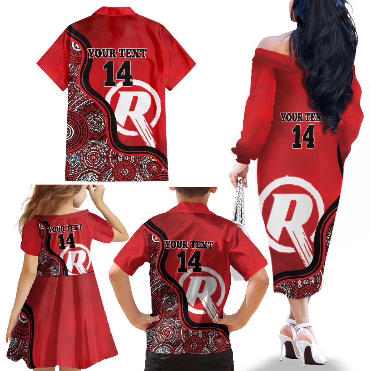 Custom Melbourne Renegades Family Matching Off The Shoulder Long Sleeve Dress and Hawaiian Shirt Indigenous Art - Grunge Style