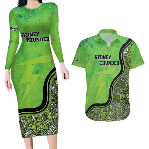 Custom Sydney Thunder Couples Matching Long Sleeve Bodycon Dress and Hawaiian Shirt Indigenous Art - Grunge Style