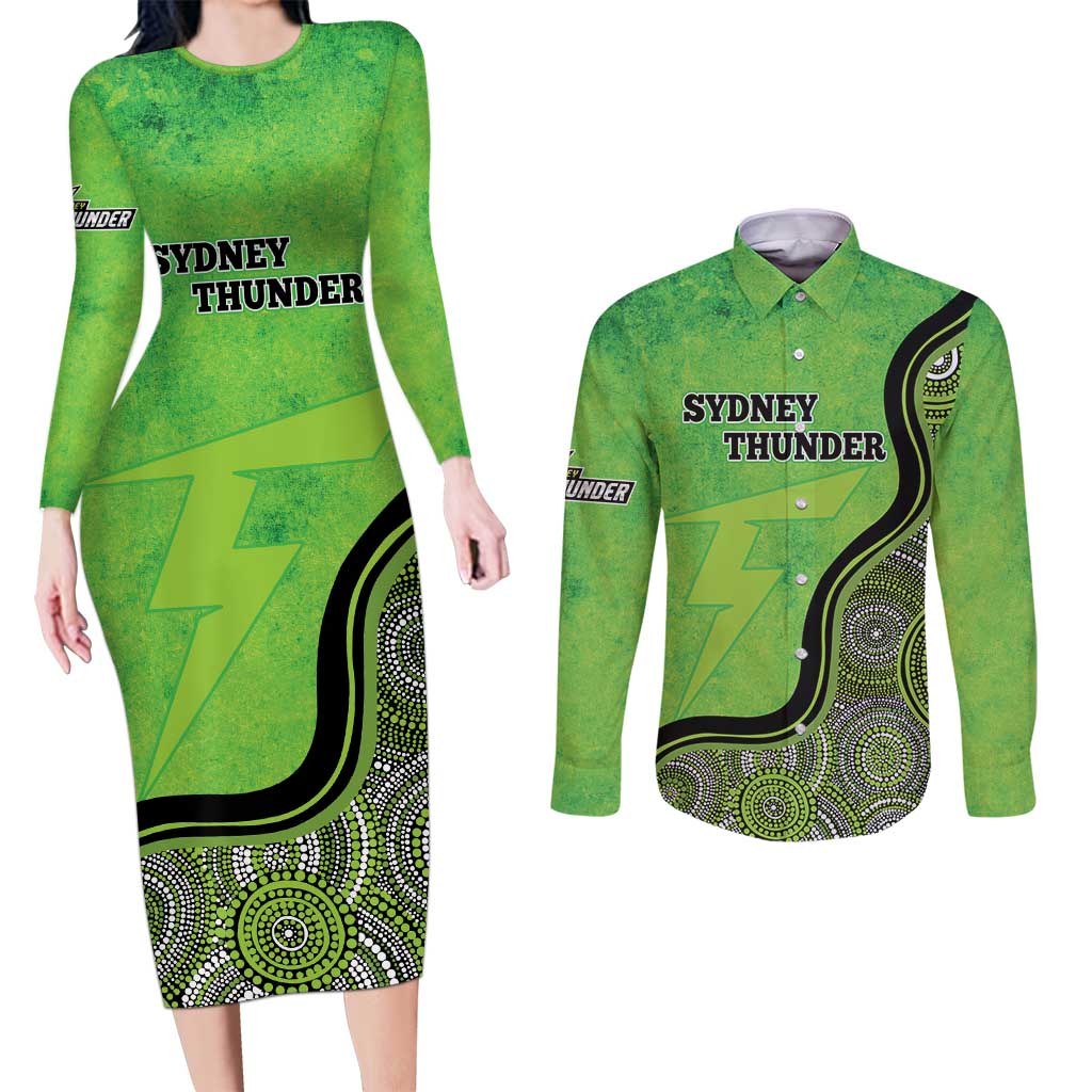 Custom Sydney Thunder Couples Matching Long Sleeve Bodycon Dress and Long Sleeve Button Shirt Indigenous Art - Grunge Style