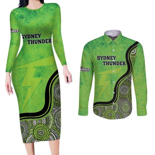 Custom Sydney Thunder Couples Matching Long Sleeve Bodycon Dress and Long Sleeve Button Shirt Indigenous Art - Grunge Style