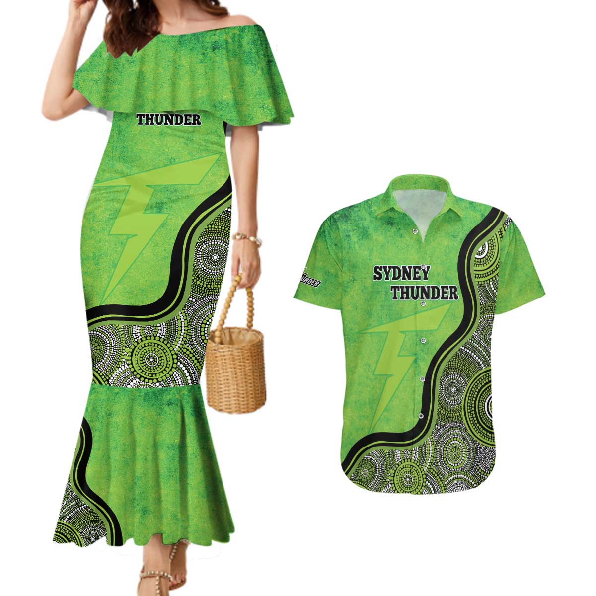 Custom Sydney Thunder Couples Matching Mermaid Dress and Hawaiian Shirt Indigenous Art - Grunge Style
