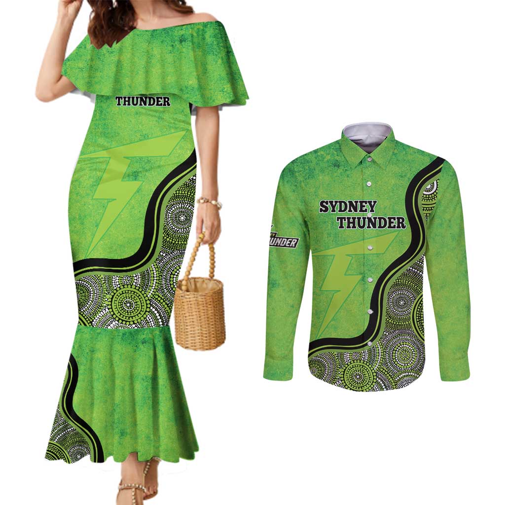 Custom Sydney Thunder Couples Matching Mermaid Dress and Long Sleeve Button Shirt Indigenous Art - Grunge Style
