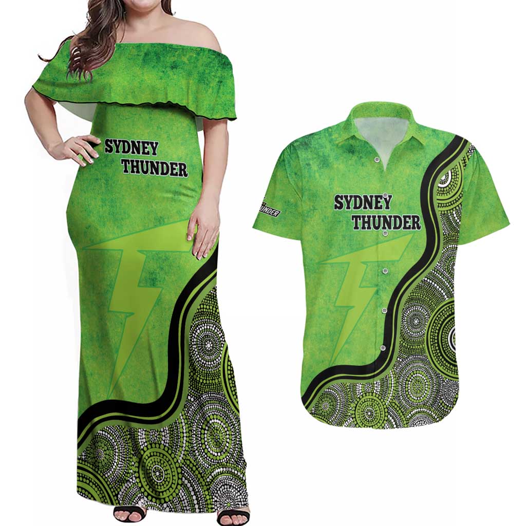 Custom Sydney Thunder Couples Matching Off Shoulder Maxi Dress and Hawaiian Shirt Indigenous Art - Grunge Style