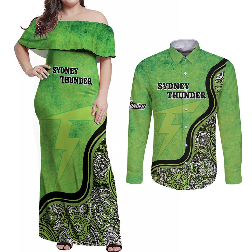 Custom Sydney Thunder Couples Matching Off Shoulder Maxi Dress and Long Sleeve Button Shirt Indigenous Art - Grunge Style