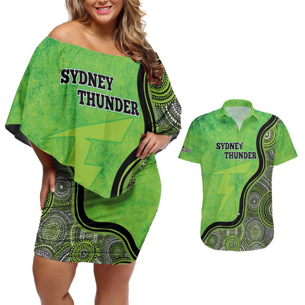 Custom Sydney Thunder Couples Matching Off Shoulder Short Dress and Hawaiian Shirt Indigenous Art - Grunge Style