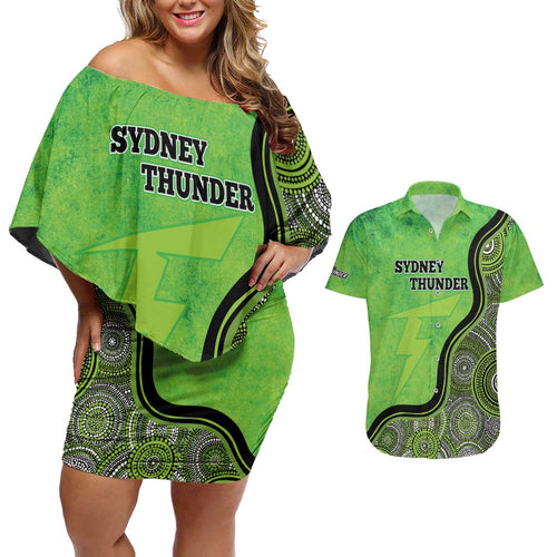 Custom Sydney Thunder Couples Matching Off Shoulder Short Dress and Hawaiian Shirt Indigenous Art - Grunge Style