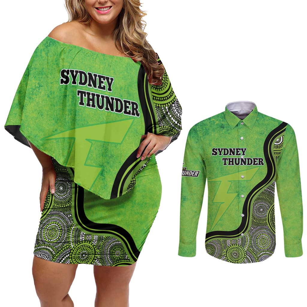 Custom Sydney Thunder Couples Matching Off Shoulder Short Dress and Long Sleeve Button Shirt Indigenous Art - Grunge Style