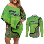 Custom Sydney Thunder Couples Matching Off Shoulder Short Dress and Long Sleeve Button Shirt Indigenous Art - Grunge Style