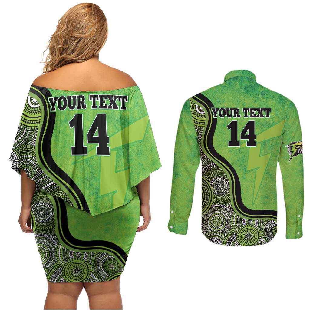 Custom Sydney Thunder Couples Matching Off Shoulder Short Dress and Long Sleeve Button Shirt Indigenous Art - Grunge Style