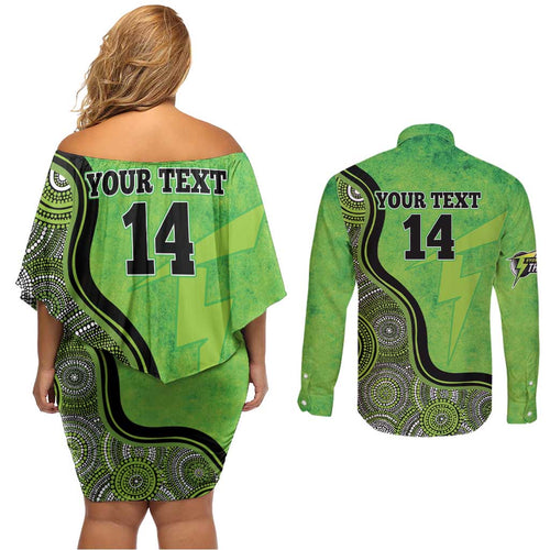 Custom Sydney Thunder Couples Matching Off Shoulder Short Dress and Long Sleeve Button Shirt Indigenous Art - Grunge Style