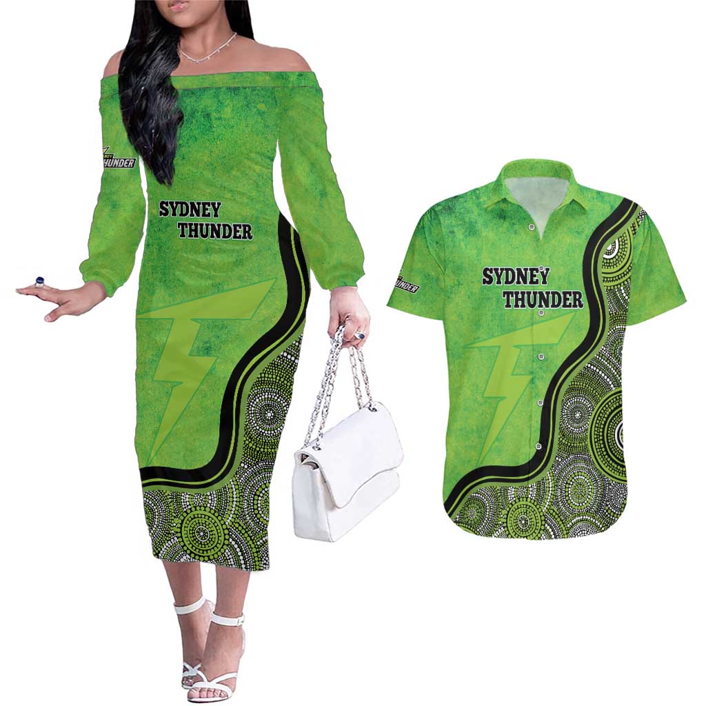 Custom Sydney Thunder Couples Matching Off The Shoulder Long Sleeve Dress and Hawaiian Shirt Indigenous Art - Grunge Style