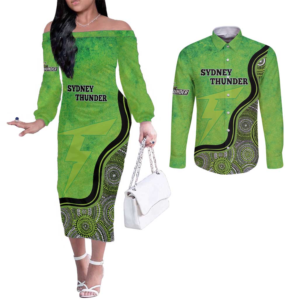 Custom Sydney Thunder Couples Matching Off The Shoulder Long Sleeve Dress and Long Sleeve Button Shirt Indigenous Art - Grunge Style