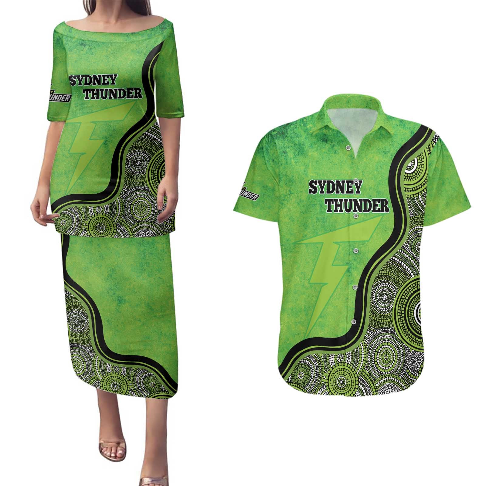 Custom Sydney Thunder Couples Matching Puletasi and Hawaiian Shirt Indigenous Art - Grunge Style