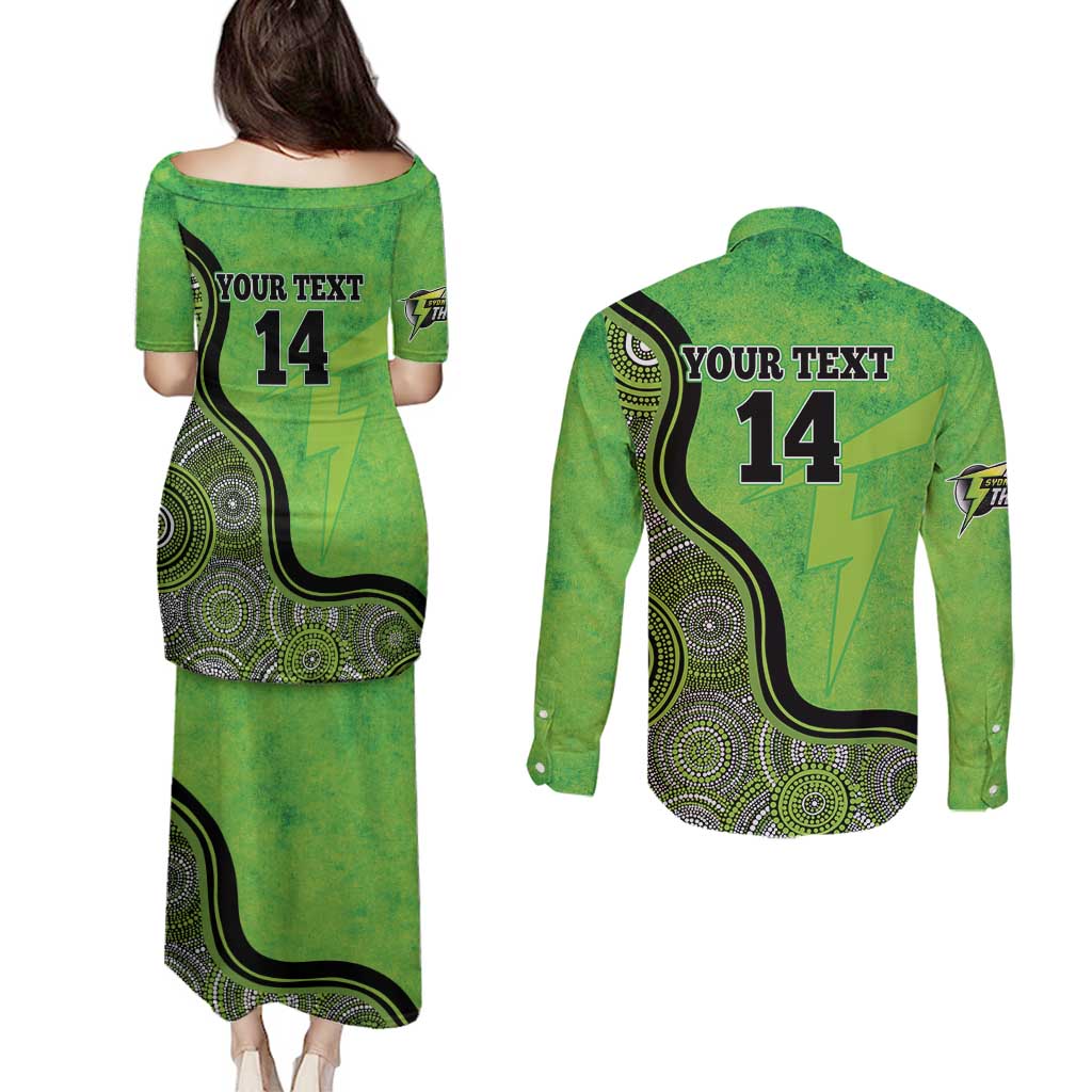 Custom Sydney Thunder Couples Matching Puletasi and Long Sleeve Button Shirt Indigenous Art - Grunge Style