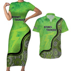 Custom Sydney Thunder Couples Matching Short Sleeve Bodycon Dress and Hawaiian Shirt Indigenous Art - Grunge Style