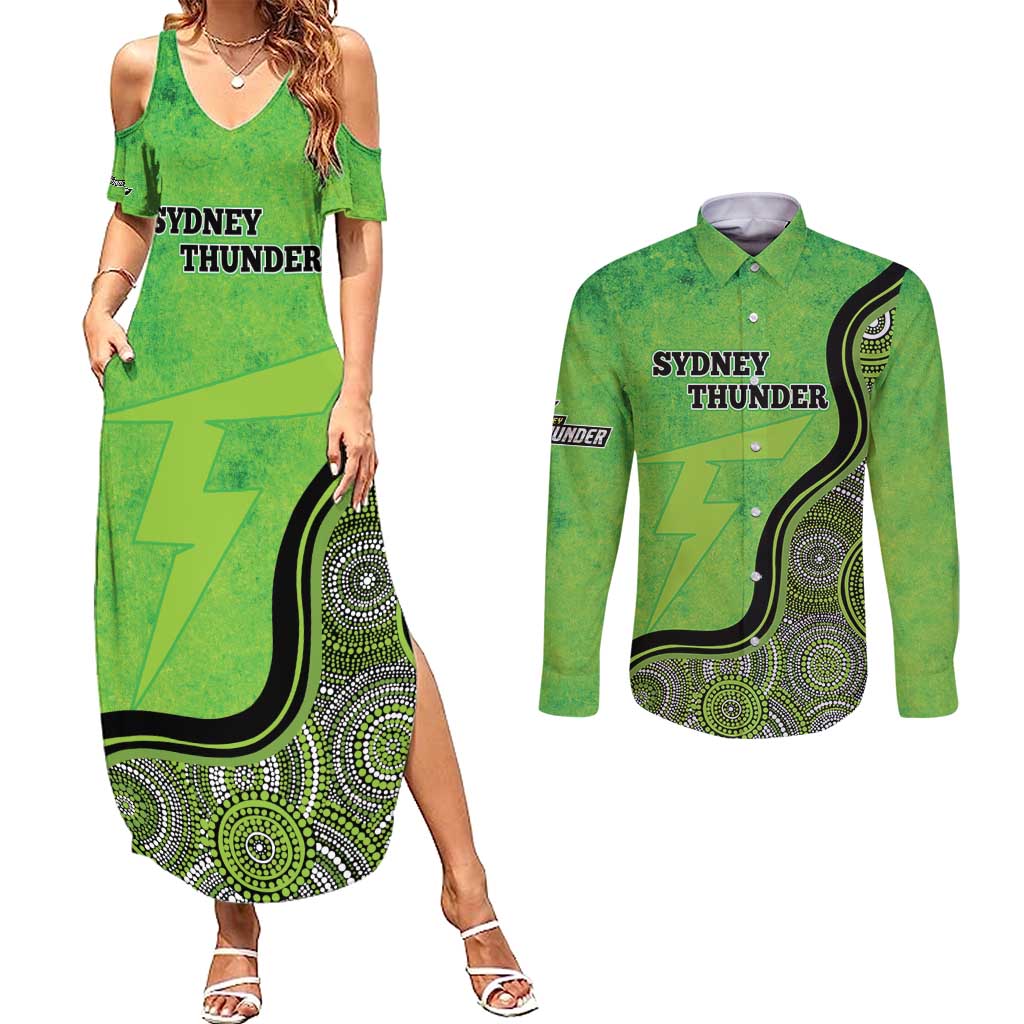 Custom Sydney Thunder Couples Matching Summer Maxi Dress and Long Sleeve Button Shirt Indigenous Art - Grunge Style