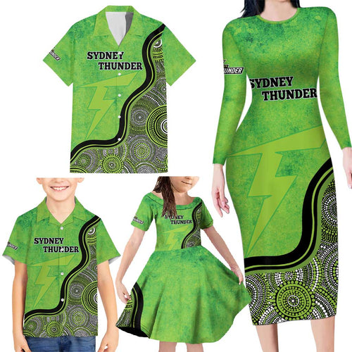 Custom Sydney Thunder Family Matching Long Sleeve Bodycon Dress and Hawaiian Shirt Indigenous Art - Grunge Style