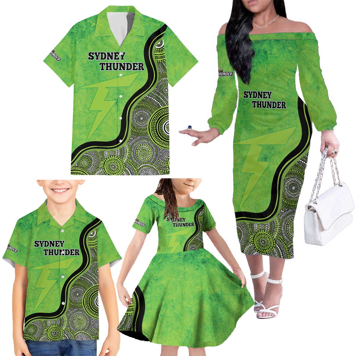 Custom Sydney Thunder Family Matching Off The Shoulder Long Sleeve Dress and Hawaiian Shirt Indigenous Art - Grunge Style