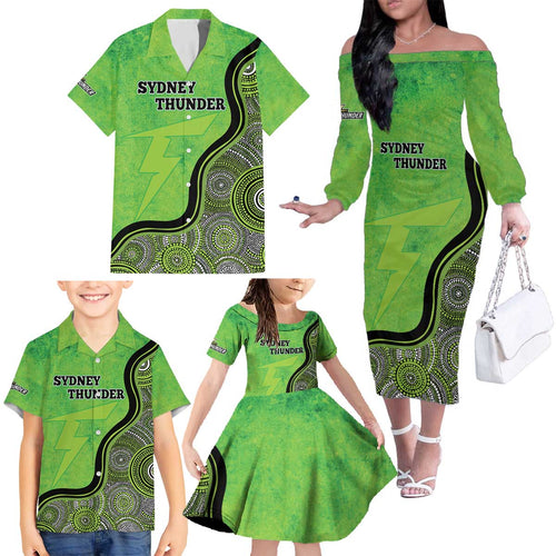 Custom Sydney Thunder Family Matching Off The Shoulder Long Sleeve Dress and Hawaiian Shirt Indigenous Art - Grunge Style