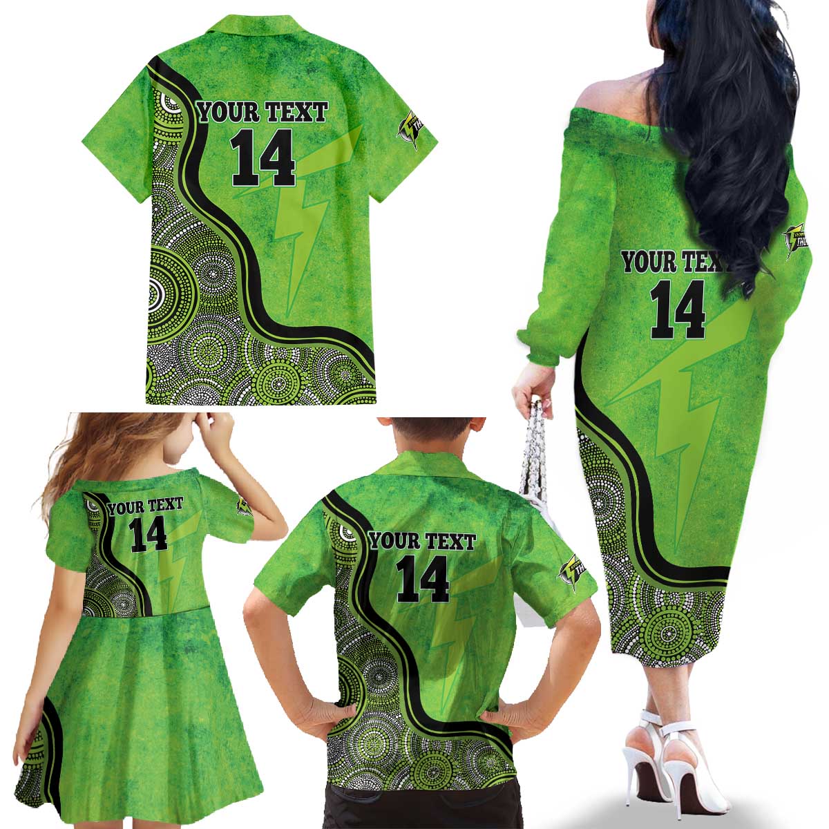 Custom Sydney Thunder Family Matching Off The Shoulder Long Sleeve Dress and Hawaiian Shirt Indigenous Art - Grunge Style