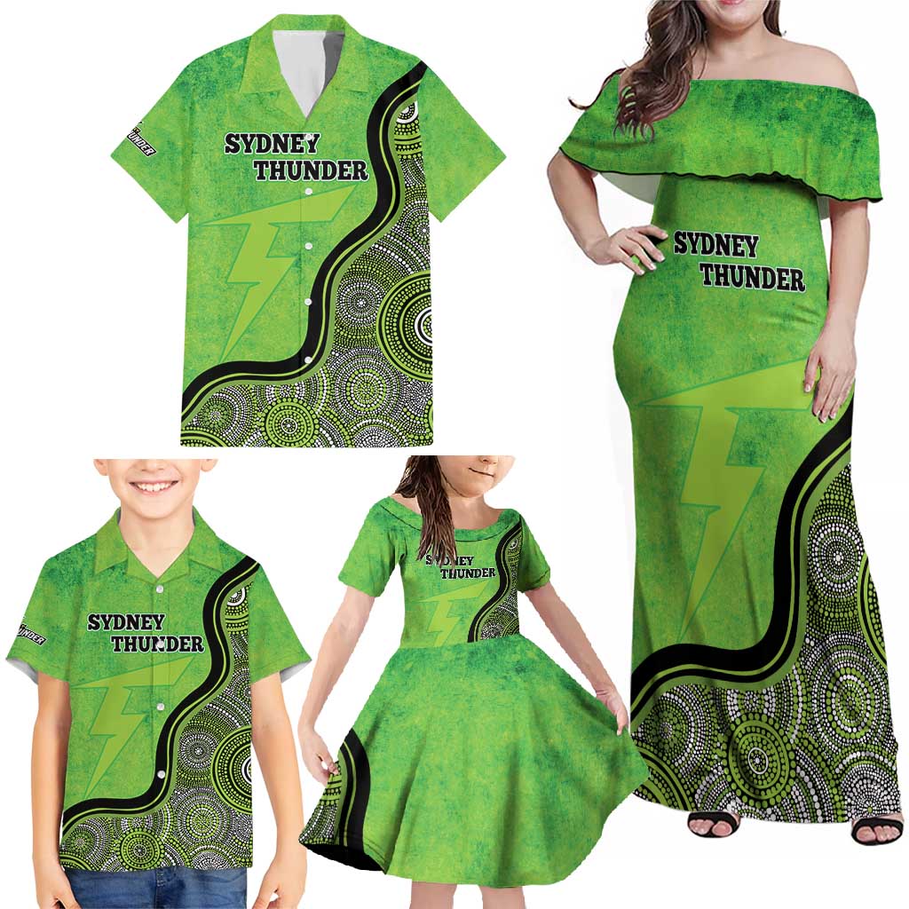 Custom Sydney Thunder Family Matching Off Shoulder Maxi Dress and Hawaiian Shirt Indigenous Art - Grunge Style