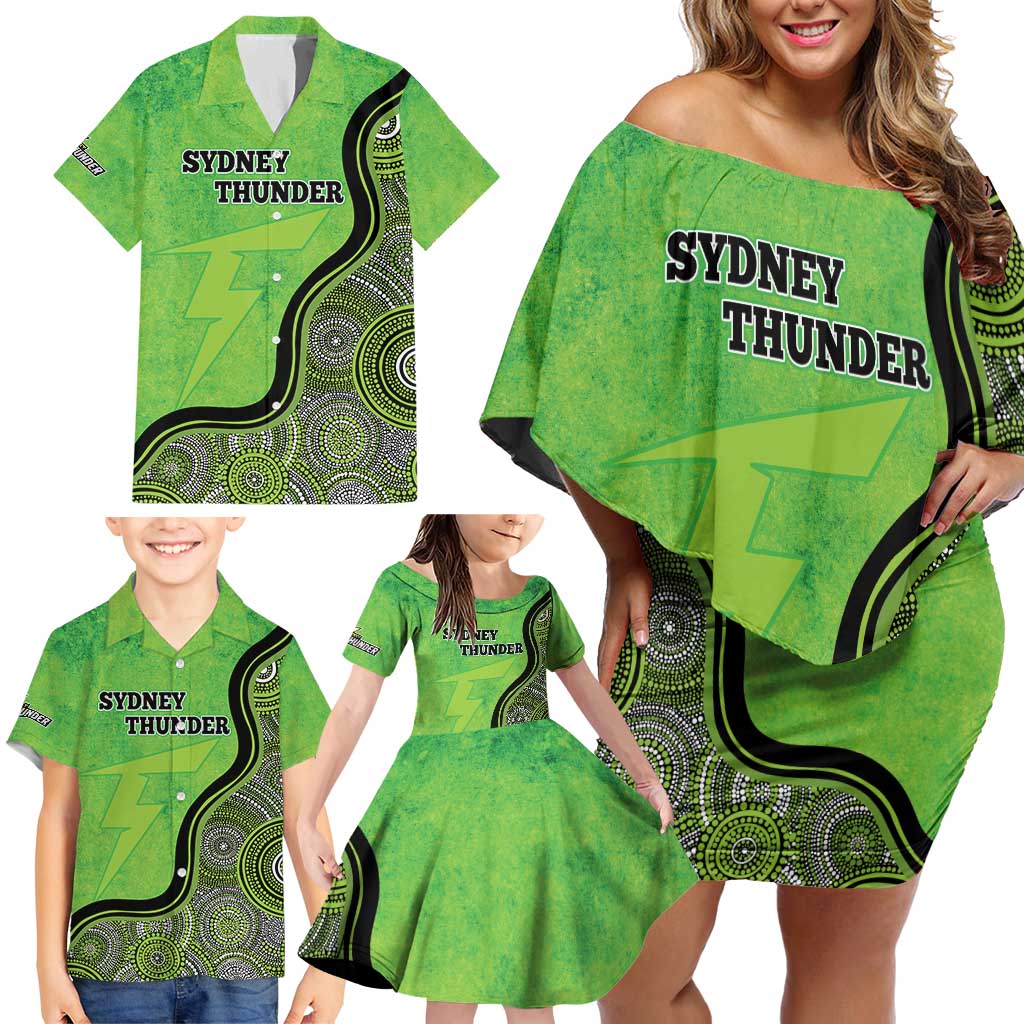 Custom Sydney Thunder Family Matching Off Shoulder Short Dress and Hawaiian Shirt Indigenous Art - Grunge Style