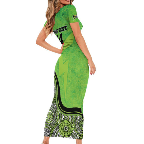 Custom Sydney Thunder Family Matching Short Sleeve Bodycon Dress and Hawaiian Shirt Indigenous Art - Grunge Style