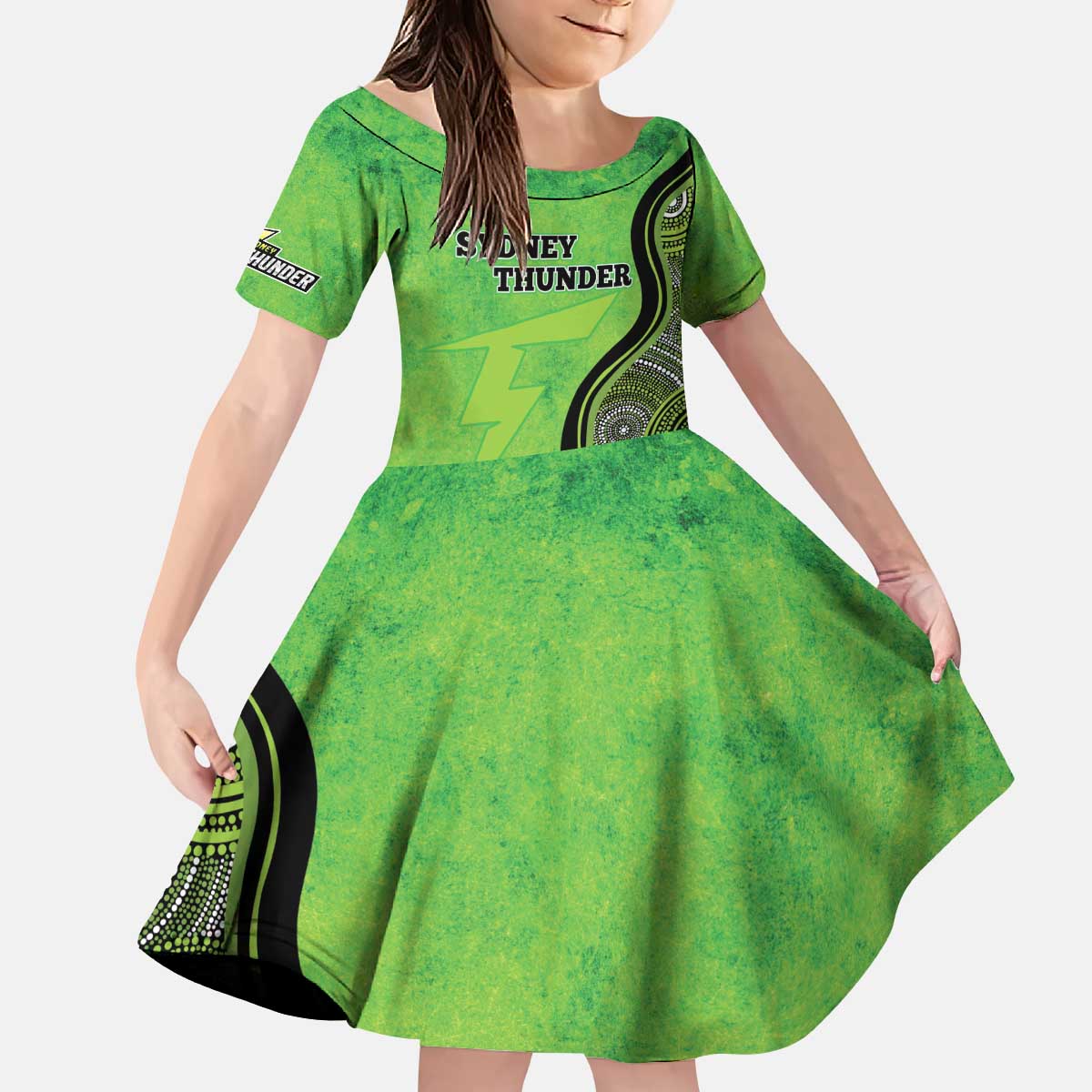 Custom Sydney Thunder Kid Short Sleeve Dress Indigenous Art - Grunge Style