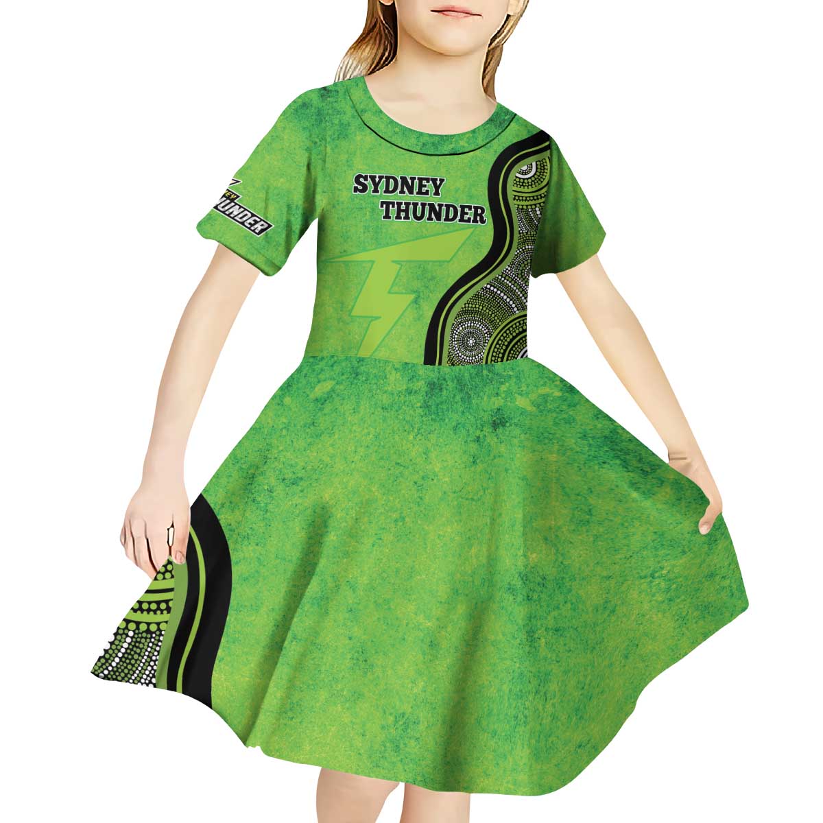 Custom Sydney Thunder Kid Short Sleeve Dress Indigenous Art - Grunge Style