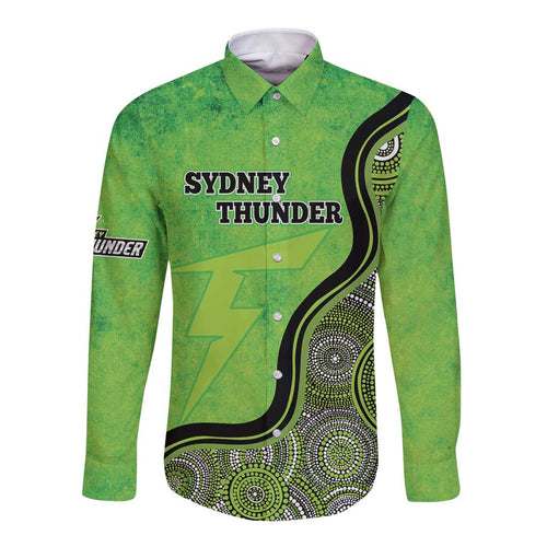 Custom Sydney Thunder Long Sleeve Button Shirt Indigenous Art - Grunge Style