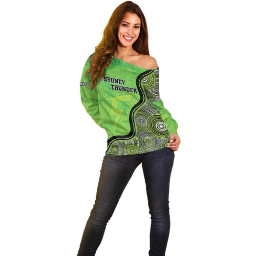Custom Sydney Thunder Off Shoulder Sweater Indigenous Art - Grunge Style