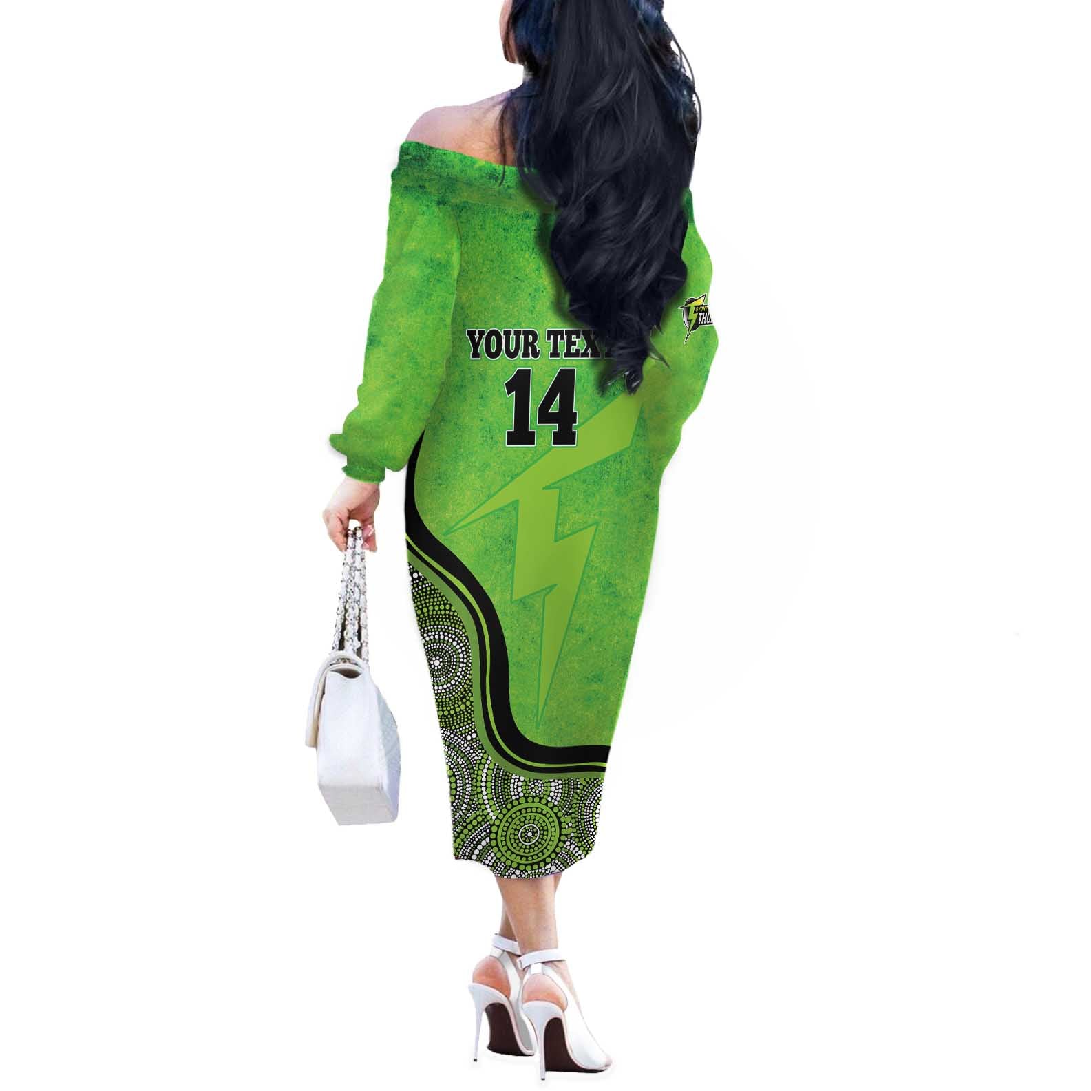 Custom Sydney Thunder Off The Shoulder Long Sleeve Dress Indigenous Art - Grunge Style