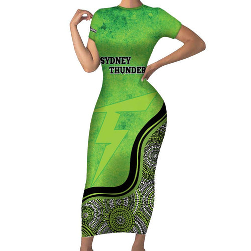Custom Sydney Thunder Short Sleeve Bodycon Dress Indigenous Art - Grunge Style