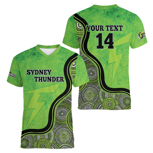 Custom Sydney Thunder Women V-Neck T-Shirt Indigenous Art - Grunge Style