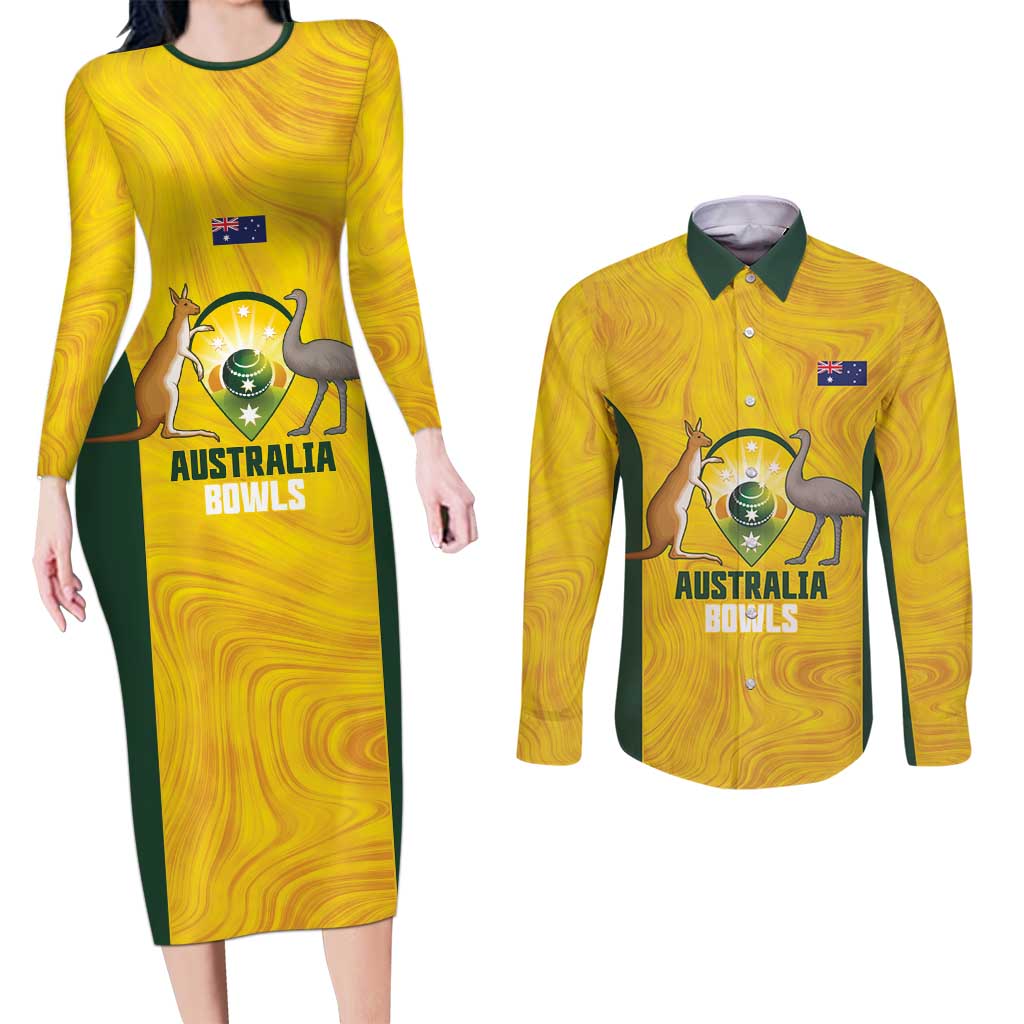 Custom Bowls Australia Couples Matching Long Sleeve Bodycon Dress and Long Sleeve Button Shirt Marble National Color - Aussie Hoodie
