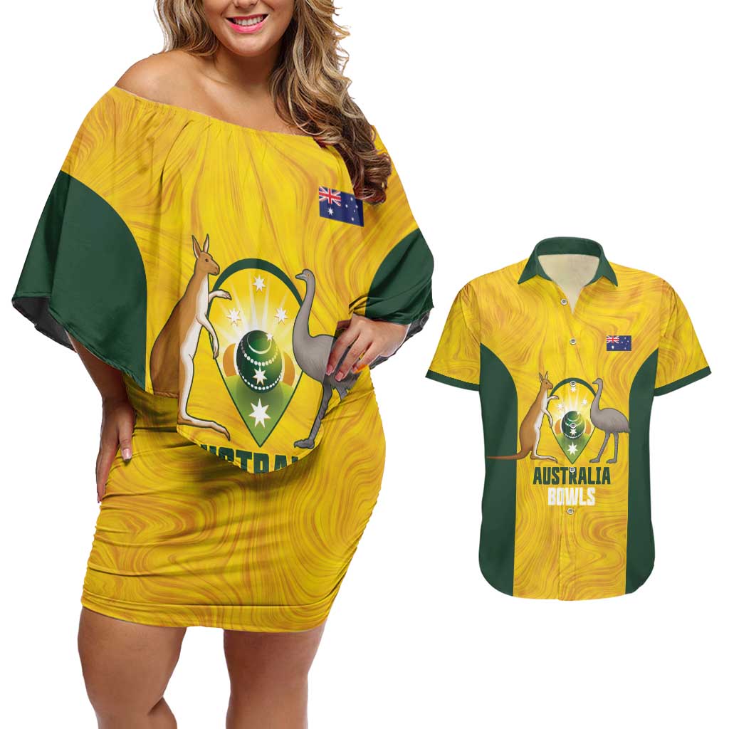 Custom Bowls Australia Couples Matching Off Shoulder Short Dress and Hawaiian Shirt Marble National Color - Aussie Hoodie