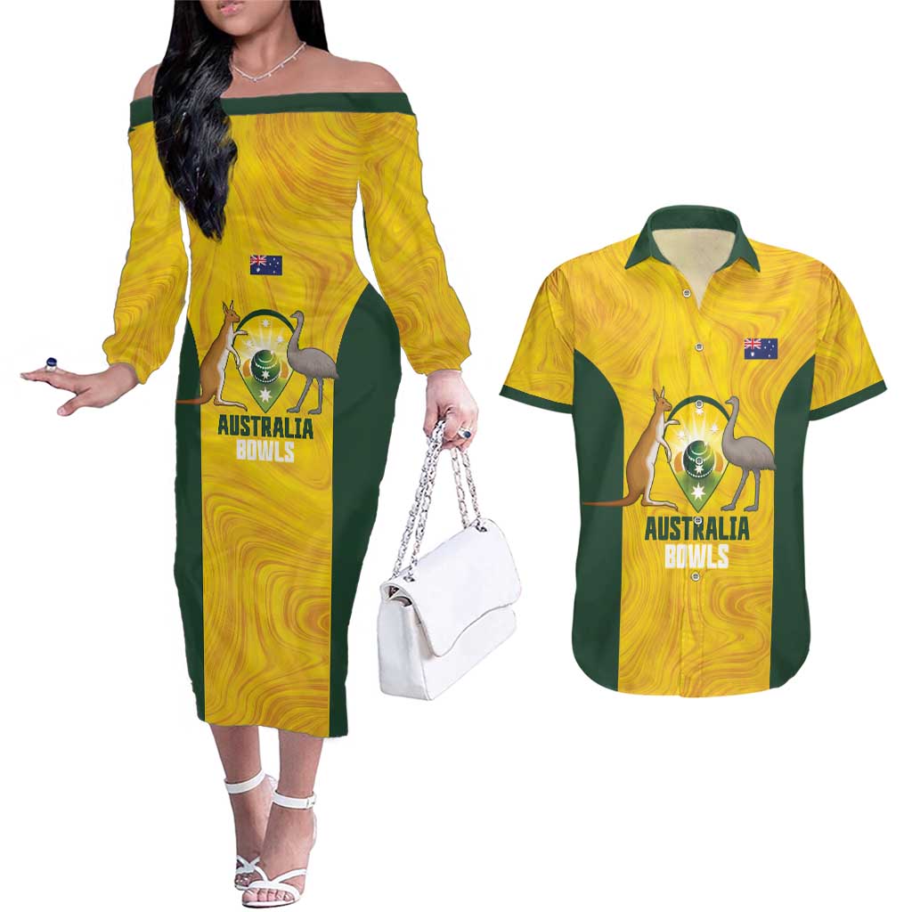 Custom Bowls Australia Couples Matching Off The Shoulder Long Sleeve Dress and Hawaiian Shirt Marble National Color - Aussie Hoodie