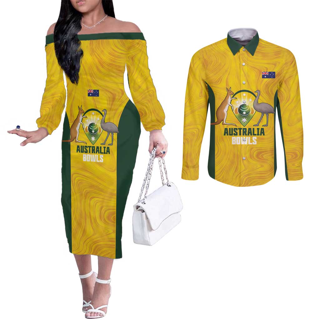 Custom Bowls Australia Couples Matching Off The Shoulder Long Sleeve Dress and Long Sleeve Button Shirt Marble National Color - Aussie Hoodie