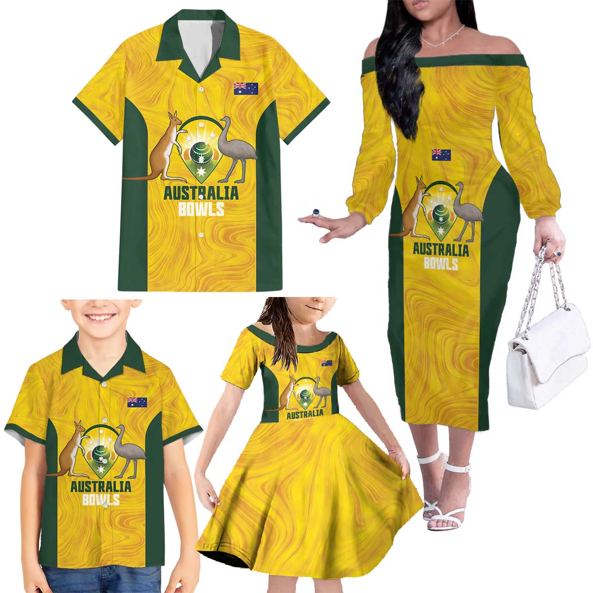 Custom Bowls Australia Family Matching Off The Shoulder Long Sleeve Dress and Hawaiian Shirt Marble National Color - Aussie Hoodie