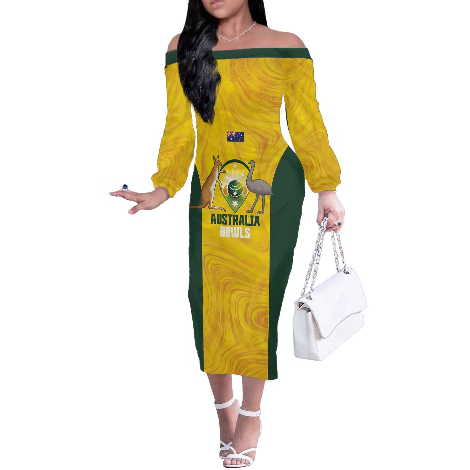 Custom Bowls Australia Off The Shoulder Long Sleeve Dress Marble National Color - Aussie Hoodie