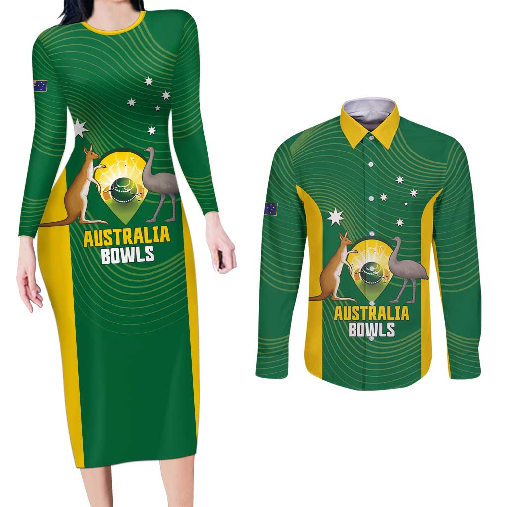 Custom Bowls Australia Couples Matching Long Sleeve Bodycon Dress and Long Sleeve Button Shirt National Color Curve Sporty - Aussie Hoodie