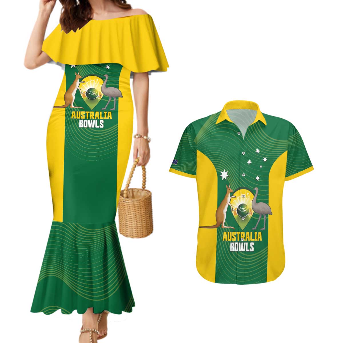 Custom Bowls Australia Couples Matching Mermaid Dress and Hawaiian Shirt National Color Curve Sporty - Aussie Hoodie