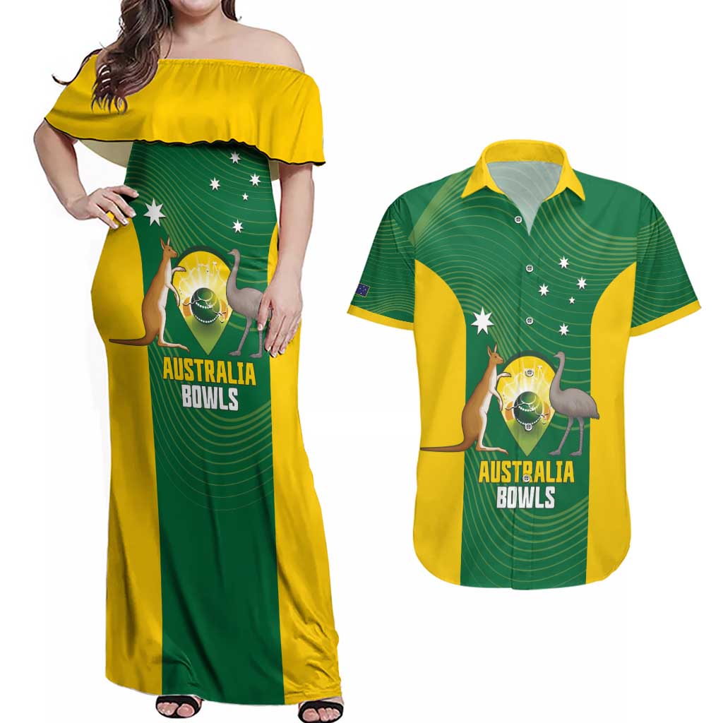 Custom Bowls Australia Couples Matching Off Shoulder Maxi Dress and Hawaiian Shirt National Color Curve Sporty - Aussie Hoodie