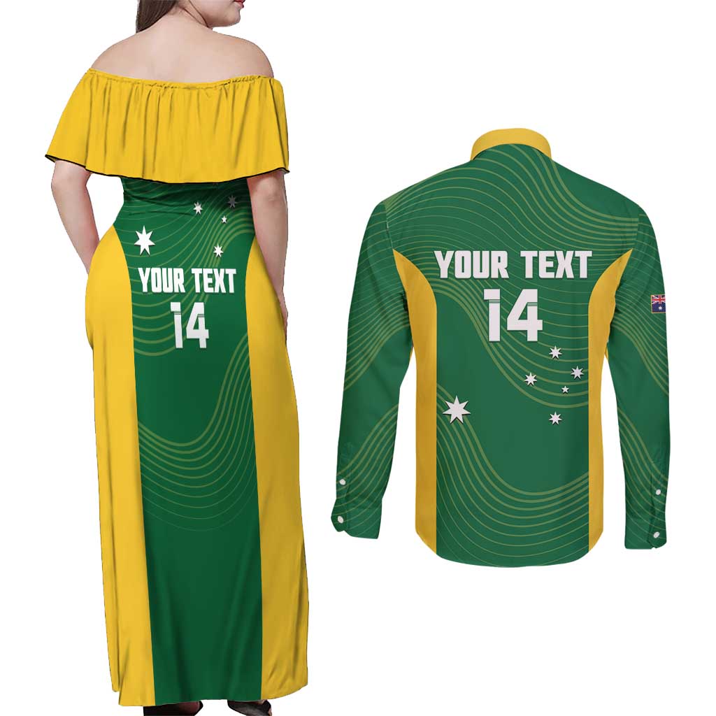 Custom Bowls Australia Couples Matching Off Shoulder Maxi Dress and Long Sleeve Button Shirt National Color Curve Sporty - Aussie Hoodie