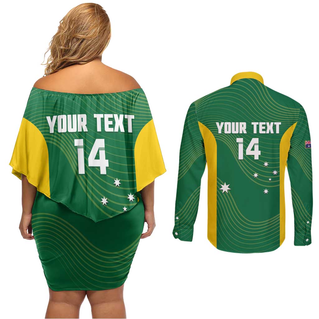 Custom Bowls Australia Couples Matching Off Shoulder Short Dress and Long Sleeve Button Shirt National Color Curve Sporty - Aussie Hoodie