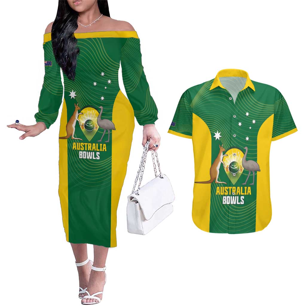 Custom Bowls Australia Couples Matching Off The Shoulder Long Sleeve Dress and Hawaiian Shirt National Color Curve Sporty - Aussie Hoodie