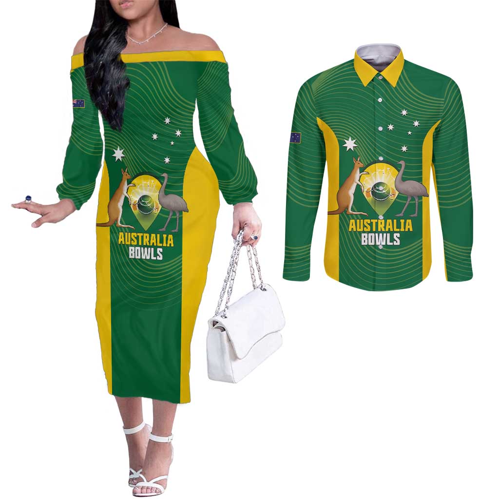 Custom Bowls Australia Couples Matching Off The Shoulder Long Sleeve Dress and Long Sleeve Button Shirt National Color Curve Sporty - Aussie Hoodie