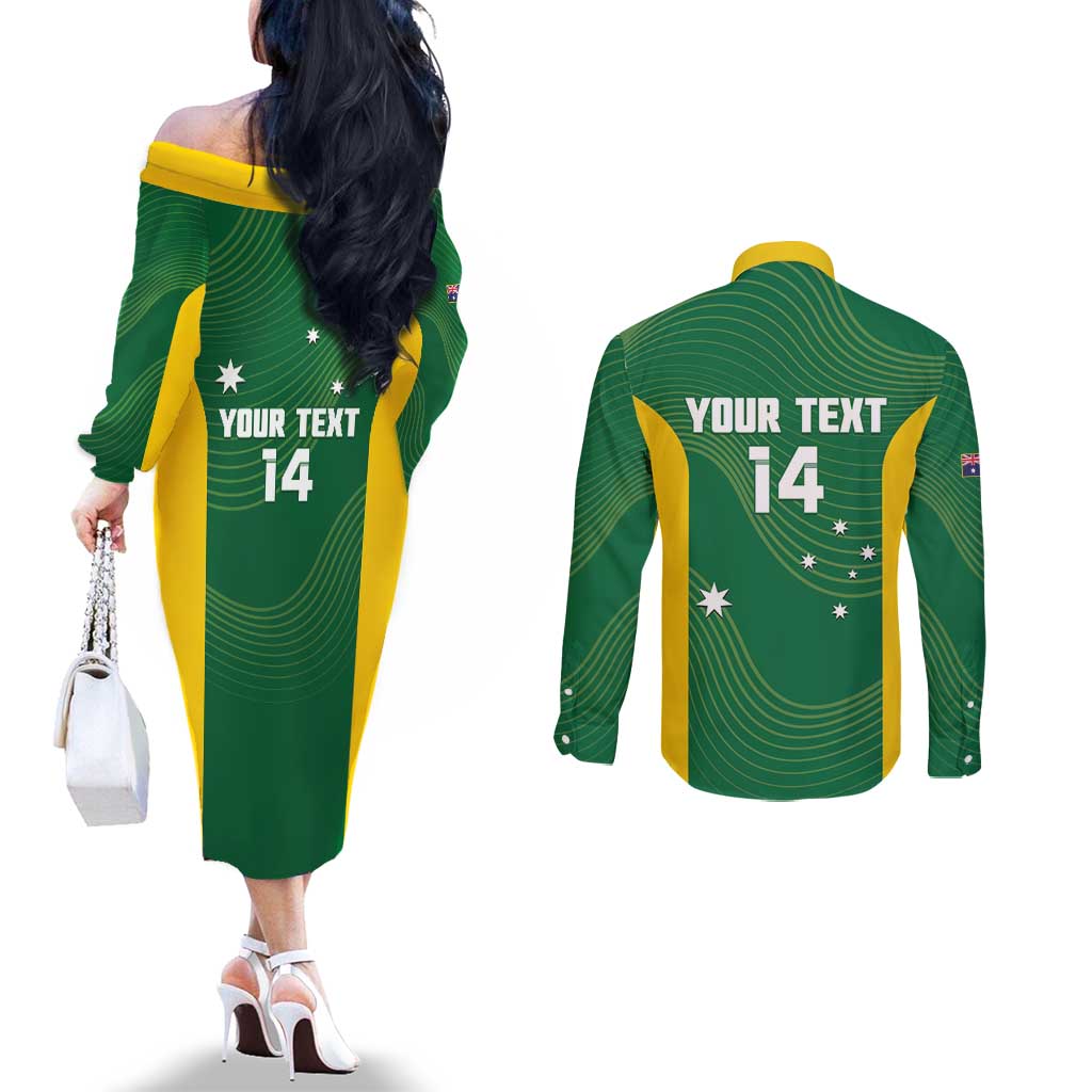 Custom Bowls Australia Couples Matching Off The Shoulder Long Sleeve Dress and Long Sleeve Button Shirt National Color Curve Sporty - Aussie Hoodie