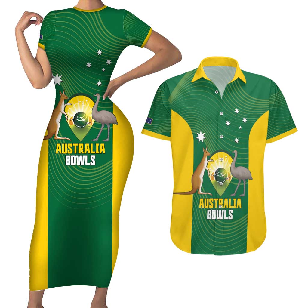 Custom Bowls Australia Couples Matching Short Sleeve Bodycon Dress and Hawaiian Shirt National Color Curve Sporty - Aussie Hoodie