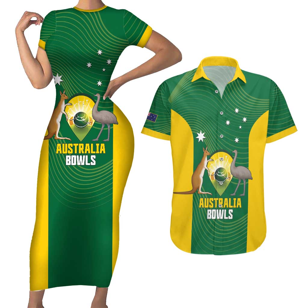 Custom Bowls Australia Couples Matching Short Sleeve Bodycon Dress and Hawaiian Shirt National Color Curve Sporty - Aussie Hoodie